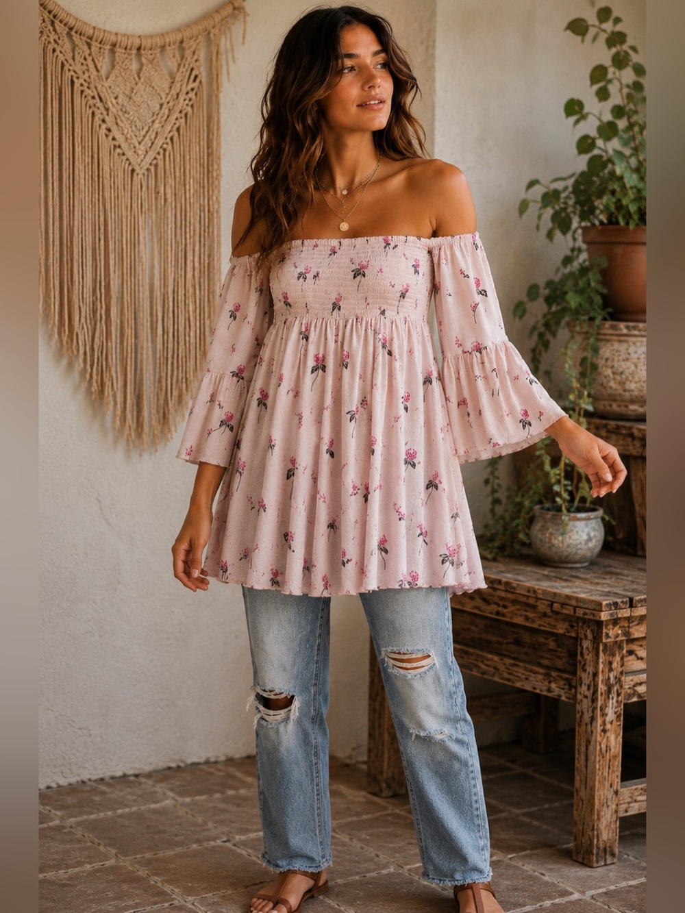 Free People Lana Off Shoulder Pink Berry Floral Smocked Babydoll Boho Top